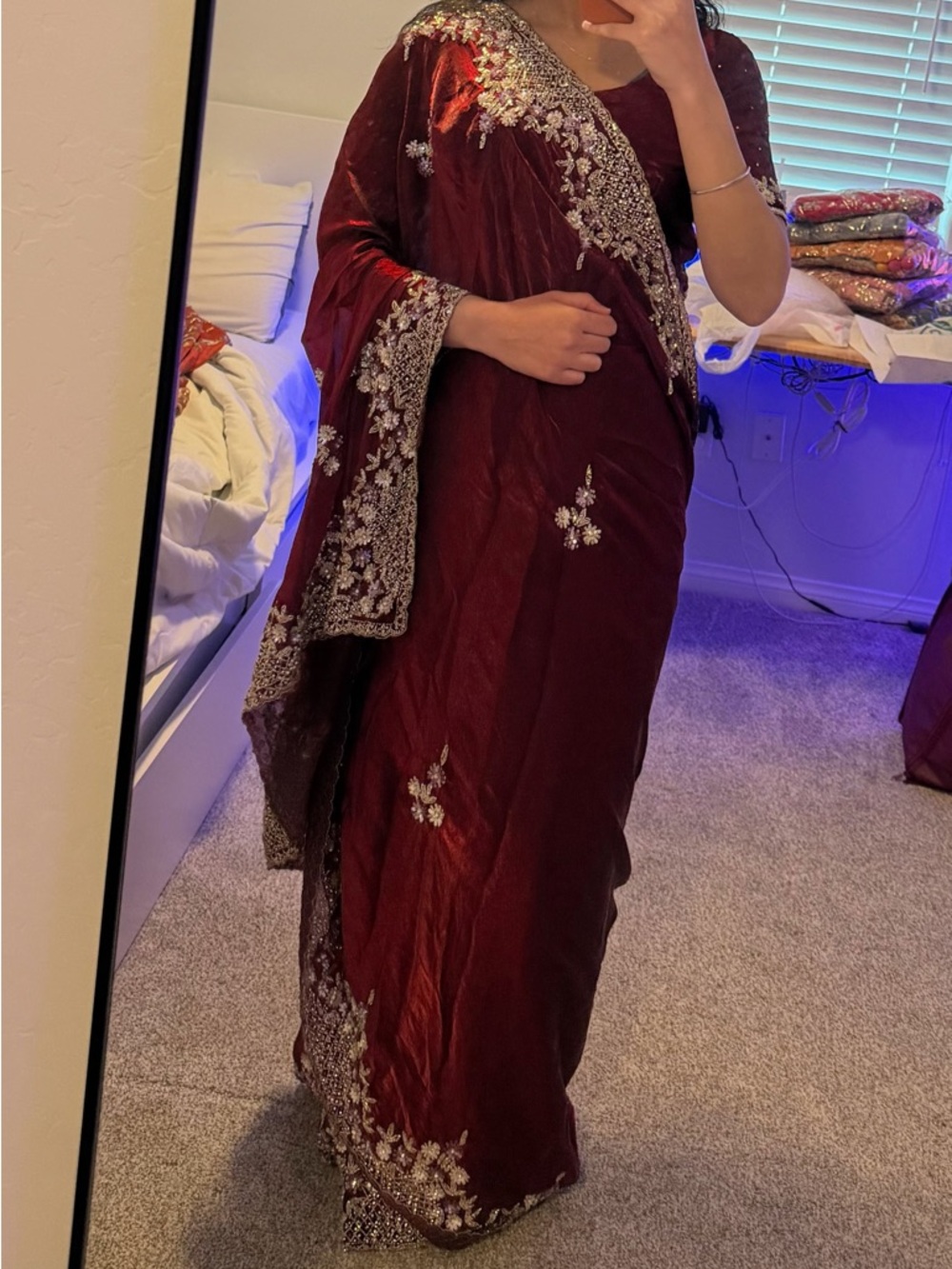 Embroidered Deep Burgundy Saree